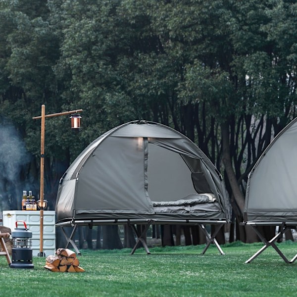 Rootz All-in-One campingsæt - Pop-up telt - Transportabel lejrseng - Udendørs sovesystem - Slidstærkt Oxford Nylon - Myggebeskyttelse - Nem transport