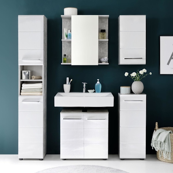 Rootz Chest of Drawers - Storage Unit - Dresser - Cabinet - Drawer Stand - Organizer - Commode - Concrete Stone Melamine & White Gloss - 32x82x28 cm