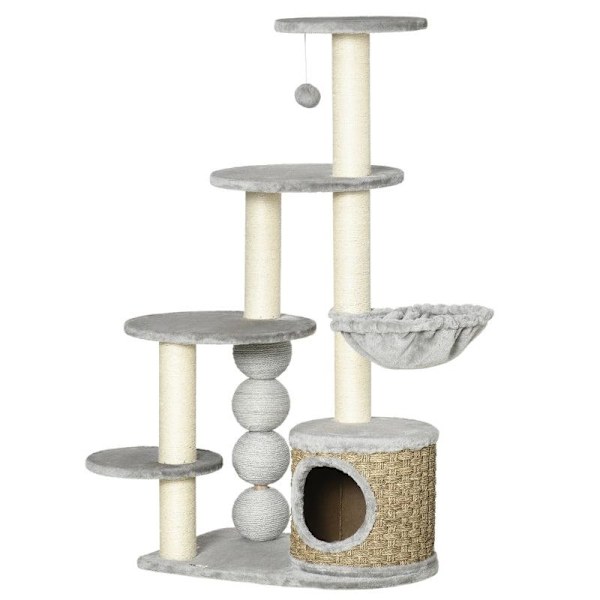 Rootz Skrapstolpe - Kattklättertorn - Kattträd - Kattgrotta - Kattsäng - Med hängande boll - Ljusgrå - 60cm x 40cm x 115,5cm