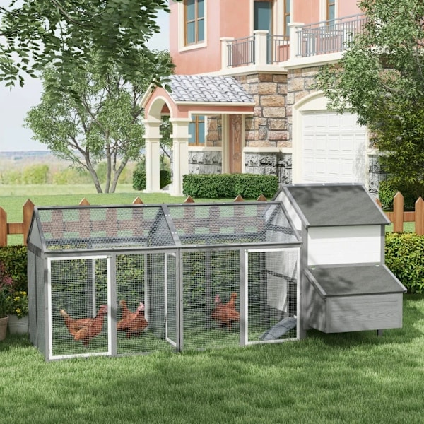 Rootz Chicken Coop - Smådjurshus - 2 utomhusinhägnader - 1 häckningslåda - 2 ramper - Asfalttak - Väderbeständig - Grå - 247 cm x 125 cm x 113,5 cm