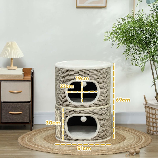 Rootz 3 Tier Cat Barrel With Cushion - Cat House - Cat Tower - Förbättra komforten - Ø51cm x 69 cm, brunvit