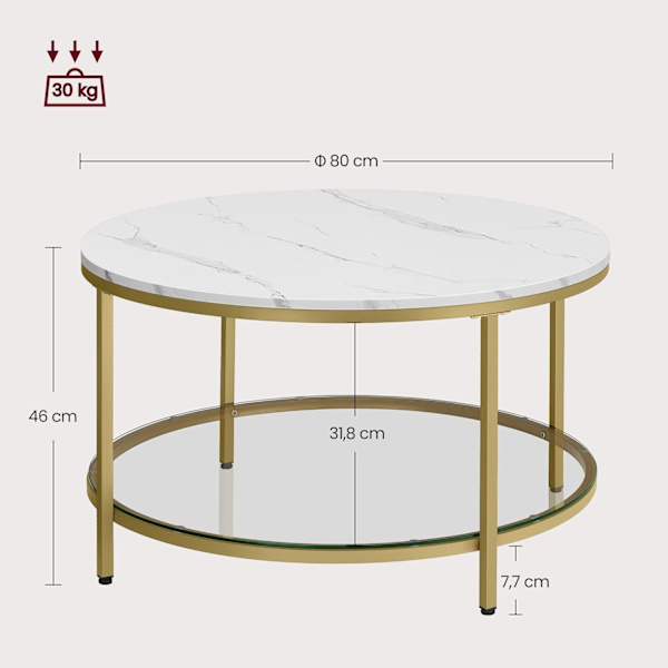 Rootz Marmor Hvid-Metallic Guld Sofabord - Stuebord - Moderne Centerbord - Spånplade - Hærdet glas - Stålstel - Justerbare fødder - Letvægts - Nem mon