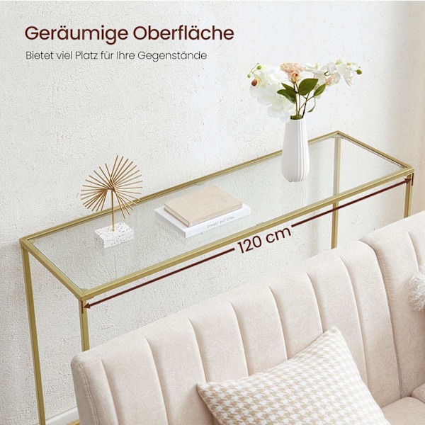 Rootz guldfarvet gennemsigtigt glaskonsolbord - Stålstel - Entrébord - Sofabord - Robust konstruktion - Nem montering - 35 cm x 120 cm x 80 cm