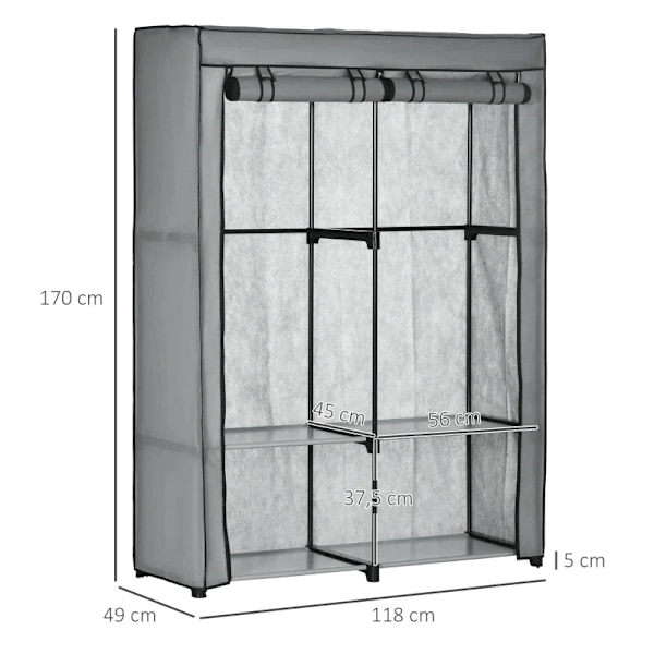 Rootz Stofgarderobe - Transportabelt stofskab - Sammenfoldelig knagerække - 4 hylder - 2 hængeskinner - Stål+Non-woven - Lysegrå - 118 x 49 x 170 cm