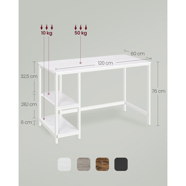 Rootz Maple White Desk - Kirjoituspöytä - Työpöytä - Lastulevy- ja teräsrakenne - Tilava työpinta - Helppo koota - 60 cm x 120 cm x 76 cm
