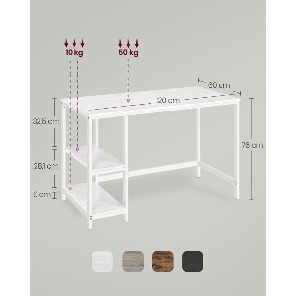 Rootz Maple White Desk - Skrivebord - Studiebord - Spånplade og stålkonstruktion - Rummelig arbejdsflade - Nem montering - 60cm x 120cm x 76cm