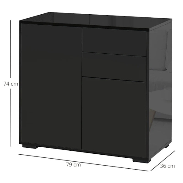 Rootz Ståskab - Skænk Kommode - Moderne Stil - 2 Skuffer - 2 Skabe - Spånplade - Sort - 79W x 36D x 74H cm