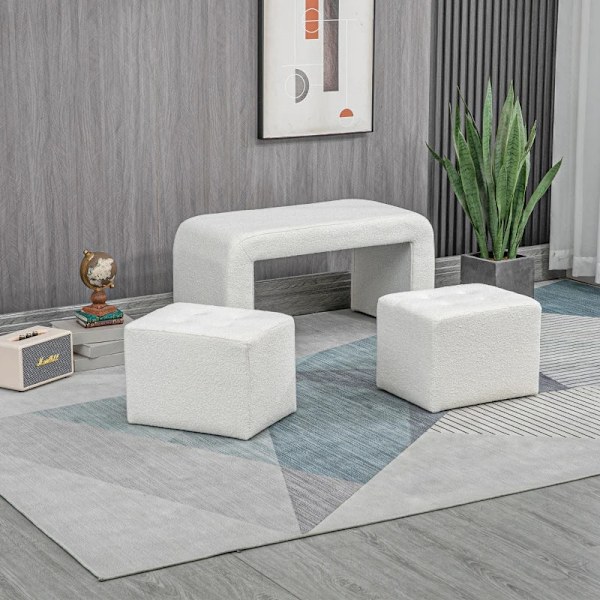 Rootz Footstool - Setti 3-osainen - Napin tikkaus - Silmukkalanka - Eukalyptuspuu - Kermanvärinen - 89 cm x 42,5 cm x 45 cm