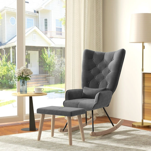 Rootz Lounge Stol och Pall Set - Modern Fåtölj - Klädd vilstol - Sammetsstoppning - Gummiträben - Mörkgrå - 66cm x 96cm x 101cm