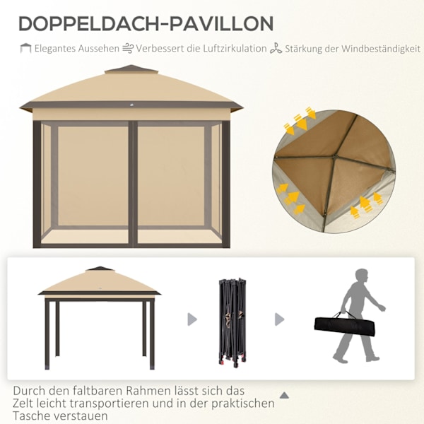 Rootz Folding Gazebo - Garden Gazebo - Metal Pavilion - Mesh Gardiner - Dräneringssystem - 330L X 330W X 288H CM - Brunt