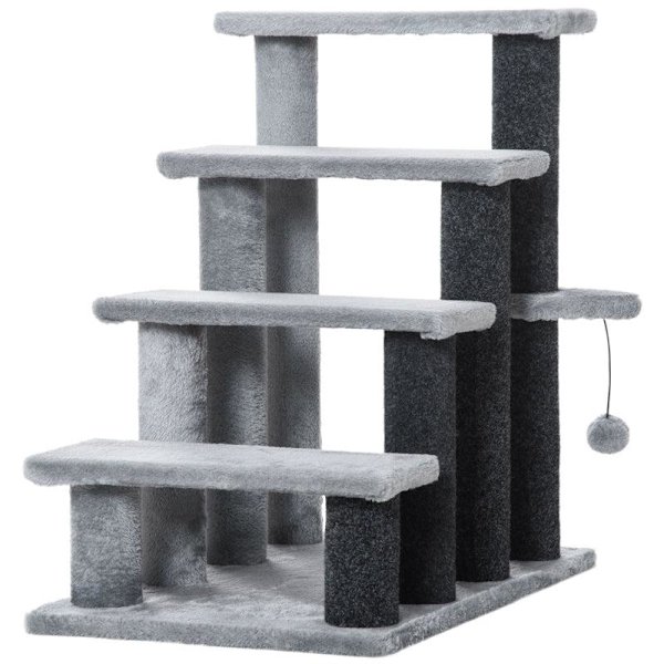 Rootz Pet Trappa - Katttrappa med skrapstolpe - 4-stegs hundtrappa - Djurtrappa - Spånskiva - Plysch - Grå - 60 x 40 x 64 cm