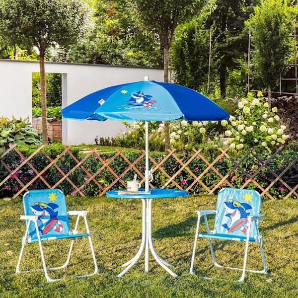 Rootz 4-delt børnemøbelsæt - Havebord - 2 klapstole - Parasol - Camping børnesædesæt - Havemøbler - Blå - Ø49,5 x 50H cm