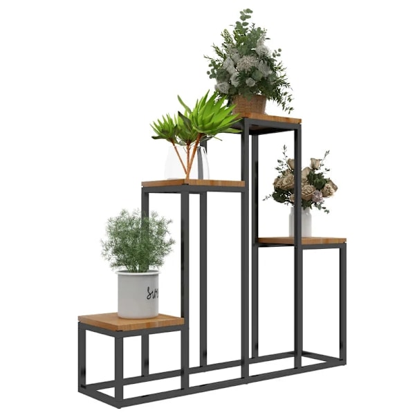 Rootz Blomsterhylla - Växthylla - Planttrappa med 4 våningar - Blomsterställ - Inomhus & Utomhus - Metallram - Svart + Ljusbrun - 80 x 20 x 74 cm