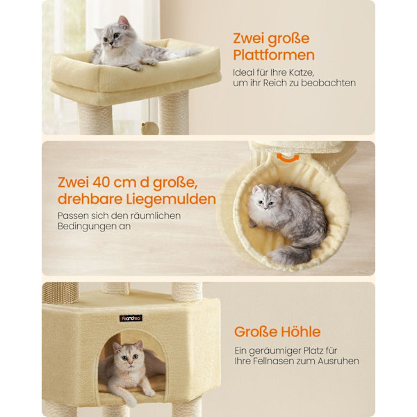 Rootz Cat Tree Tower - Skrapstolpe - Cat Scratcher - Spånskiva plysch - Idealisk för flera katter - 50 cm x 50 cm x 160 cm