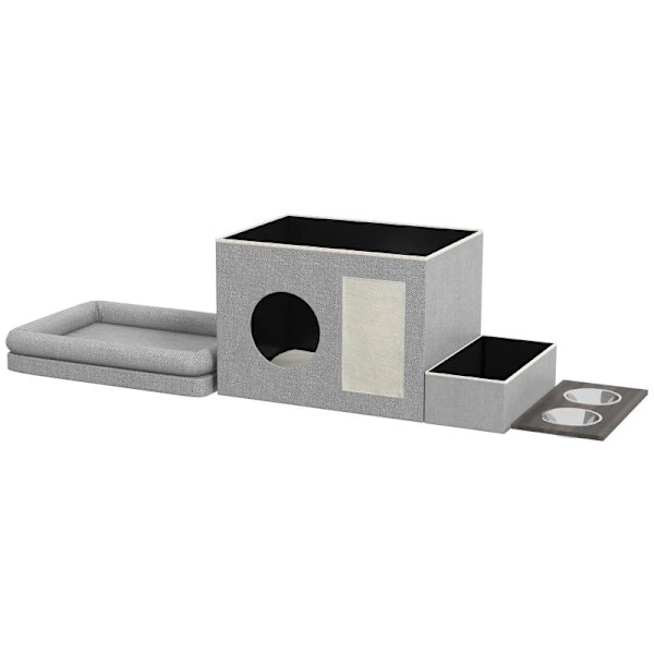 Rootz Cat House - Foderplads - 2 skåle i rustfrit stål - Ridsemåtte - Blød liggestolspude - Grå - 78 x 48 x 49,5 cm
