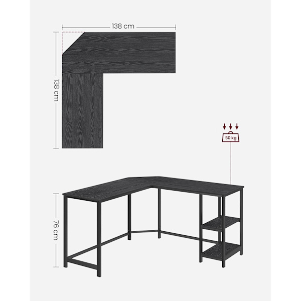 Rootz Datorbord - Kontorsbord - Studiebord - Spånskiva och stål - Svart med träfibrer - 138cm x 138cm x 76cm - Rymlig arbetsyta - Robust konstruktion
