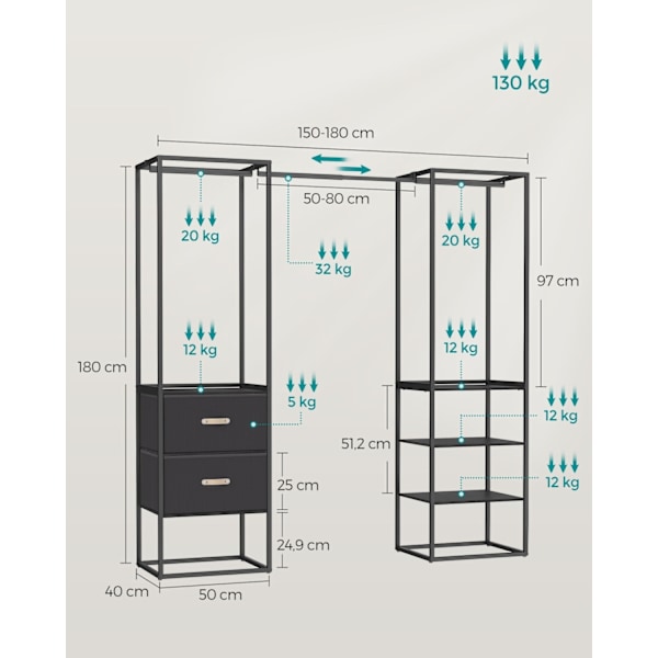 Rootz garderobeopbevaringsopbevaring - Skabearrangør - Stor kapacitet - Stål & MDF - 40 cm x (150-180 cm) x 180 cm