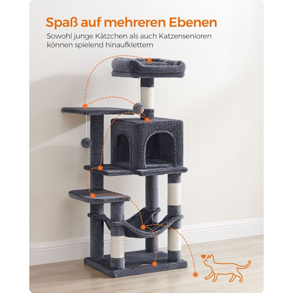 Rootz Cat-kradsestolpe - Kattetræ - Katteklatrestativ - Spånpladekonstruktion - 45 cm x 35 cm x 112 cm - Røggrå - Plysbetræk - Sisalreb - Robust desig