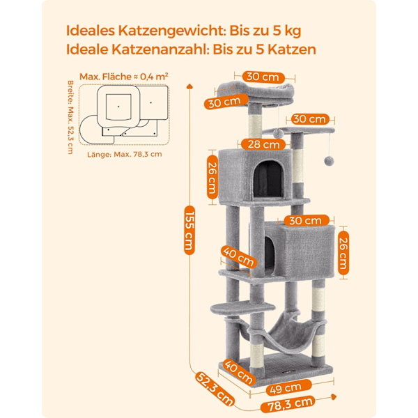 Rootz Cat Skrapstolpe - Kattträd - Skrapare - Spånskiva - Plysch - Sisal - 49cm x 40cm x 155cm - Ljusgrå - 14,1kg - 78kg Kapacitet