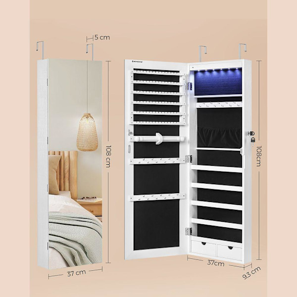 Rootz Hängande smyckesskåp - Spegelskåp med LED-invändig belysning - Hellängdsspegel (37 x 108 cm) - Väggmonterad eller hängande på dörr
