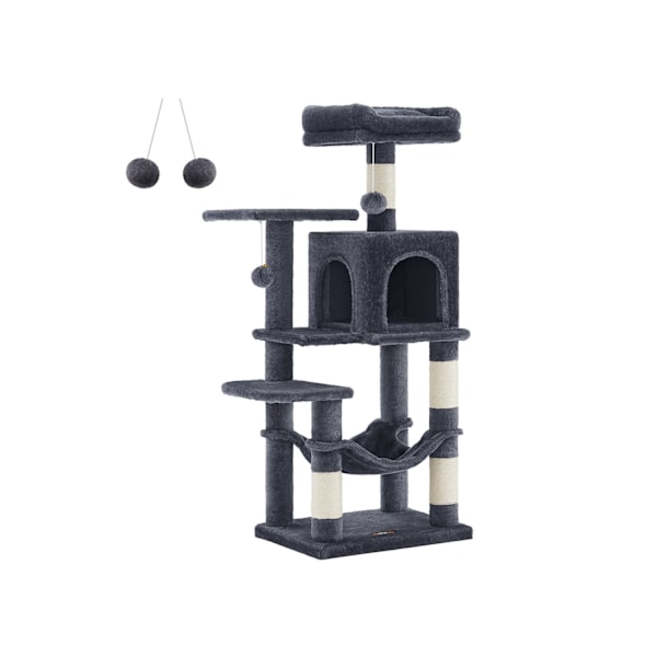 Rootz Cat Scratching Post - Kitty Tower - Cat Tree - Chipboard Plysch - Sisal - 45cm x 35cm x 112cm - Smoke Grey - Idealisk för 4 katter - 40 kg Kapac