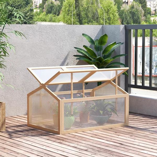 Rootz Greenhouse - Växtbädd med täcke - Kallram Växthus - Trä Och Polykarbonat - Väderbeständig - Naturlig - 102 x 71 x 53 cm