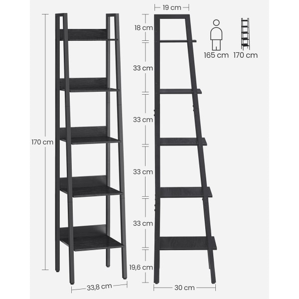 Rootz Black Wood Look Boghylde - Spånplade stål - Høj reol - Robust opbevaring - Moderne design - 30 cm x 33,8 cm x 170 cm