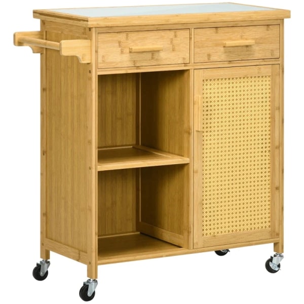 Rootz Bamboo Køkkenvogn - Multifunktionsvogn - Serveringsvogn - 2 skuffer - 1 skab - 2 hylder - Naturlig - 84L x 36W x 85H cm