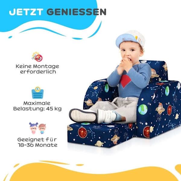 Rootz Kids Foldbar Lænestol - Børnesofa - Hyggelig seng - Multifunktionel - Planetmønster - Let at rengøre - Blå - Skum/Polyester - 46,5 cm x 93 cm x