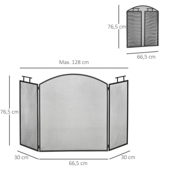 Rootz Öppen spisskärm - Eldstadsskydd - Grillgnistskydd - Vikt tredelad design - Metall - Svart - 128 x 2 x 76,5 cm