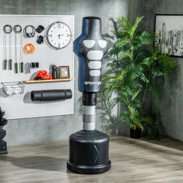Rootz Boksesæk - Boksedukke - Dummy - Fritstående - Højdejusterbar - Tung base - Imiteret læder - Sort/Grå/Blå - 55 x 55 x 178-207 cm