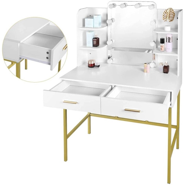 Rootz Sminkbord med spegel - Sminkbord - Sminkbord - Gott om förvaring - Justerbar LED-belysning - Hållbar konstruktion - 45 cm x 136 cm x 90 cm
