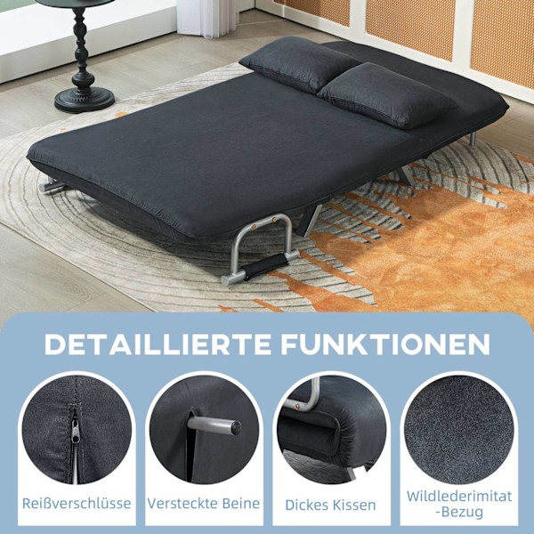 ROOTZ 2 -SEATER SOFA BED - KONVERTIBELSE SOCIE - SLEEPER SOFA - 5 -vejs justerbar komfort - 111x80x78 cm - sort efterligning, stålramme, puder inklude
