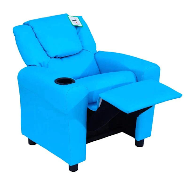 Rootz Børnelænestol - Minilænestol - Børnesofa - Hvilelænestol - Liggefunktion - Indbygget kopholder - Blå - 62 x 52 x 69 cm