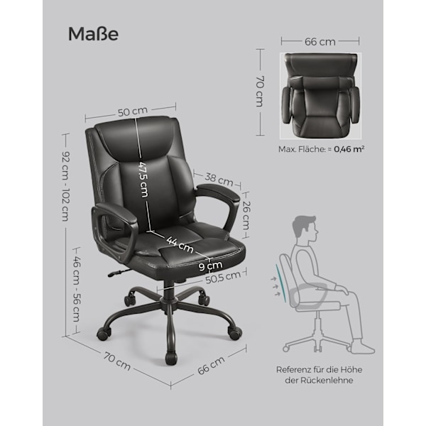 Ergonominen Rootz-työtuoli - Musta Executive-tuoli - Kääntyvä pöytätuoli - Ergo Comfort - 70 x 66 x (92-102) cm - PU/nailon - Istuinkorkeus 46-56 cm