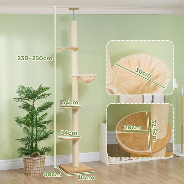 Rootz golv-till-tak kattträd - Katttorn - Skrapstolpe - Justerbar höjd - Trämaterial - 40cm x 40cm x 230-250cm
