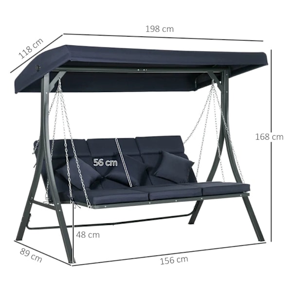 Rootz Porch Gynge til 3 personer - Hollywood Gynge - Sædehynder - Justerbar solsejl - Op til 270 kg - Mørkeblå - 198 x 118 x 168 cm