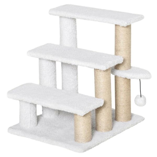 Rootz Pet Trappor - Skrapstolpe - Trappa - Katttrappa - Hundtrappa - Djurtrappa - Spånskiva/Jute/Plysch - Vit - 45 x 40 x 48 cm