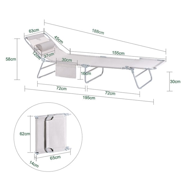 Rootz Justerbar Strandseng - Haveseng - Sammenklappelig liggestol - Åndbar syntetisk fiber - Hurtig foldningsdesign - 195 cm x 58 cm x 63 cm - Beige