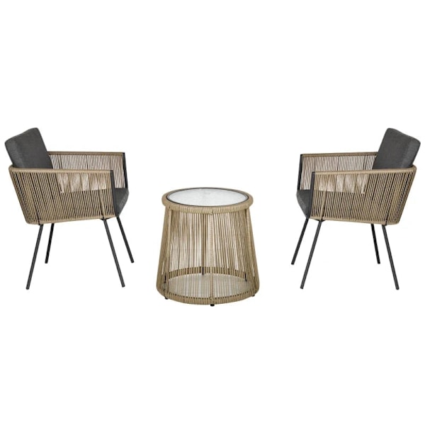 Rootz Havemøbler - 3-delt siddegruppe - 2 stole - Sidebord - Sæde & rygpuder - Hærdet glas - Bordplade - Kunstrattan - PE Rattan-polyester - Grå - 42W
