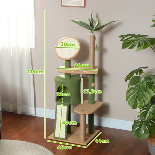 Rootz Cat Tree med konstgjorda löv - Skrapstolpe - Lekcenter - Plysch & Jute Comfort - 48L x 44W x 139H cm