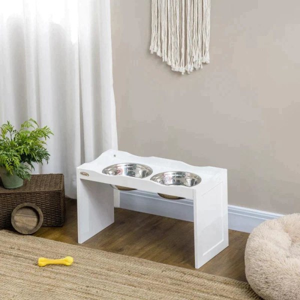 Rootz Foderstation - Skålstativ - Hundefoderstation - 2 fodringsskåle - Til store hunde - Rustfrit stål/MDF - Hvid - 63 x 30 x 24cm