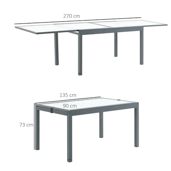 Rootz Trädgårdsmatbord - Utdragbart Trädgårdsmatbord - Bord - Aluminiumrör/härdat glas - Grå/Matt Vit - 270 x 90 x 73 cm