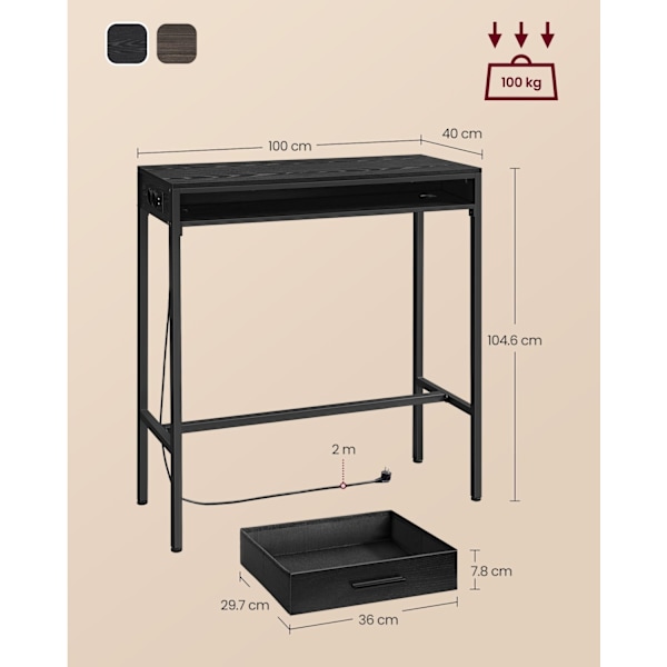 Rootz Barbord med ladestation - Underholdningsstativ - Skrivebord - Ibenholtssort - Spånplade og stål - 40 cm x 99,8 cm x 104,6 cm - 19,6 kg