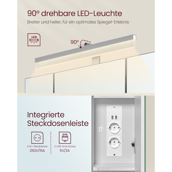 Rootz Badeværelsesskab - Opbevaringsenhed - Organizer - Spånplade - MDF - Metal - Glasspejl - 16,5 cm x 70 cm x 75 cm - Cloud White - 20 kg Kapacitet