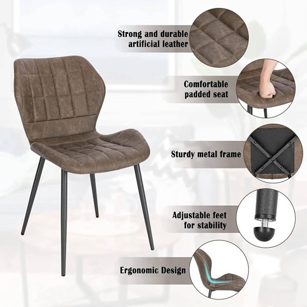 Rootz spisestuestole Sæt med 6 - Polstrede stole - Imiteret læderstole - Komfortable siddepladser - Holdbart design - Ergonomisk støtte - 47 cm x 79,5