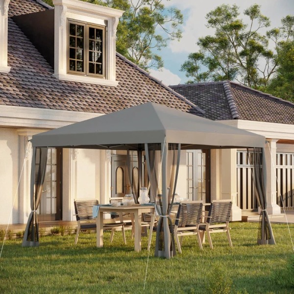 Rootz Folding Gazebo - Trädgårdstält - 4 avtagbara myggnät - Vattentåligt tak - Stålstomme - Ljusgrå - 3x3m