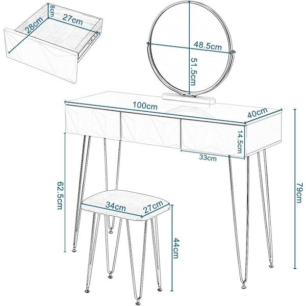 Rootz Elegant sminkebordssæt - Sminkebord - Makeup skrivebord - Stabilt og holdbart - Effektiv opbevaring - Luksuriøs komfort - 100 cm x 79 cm x 40 cm