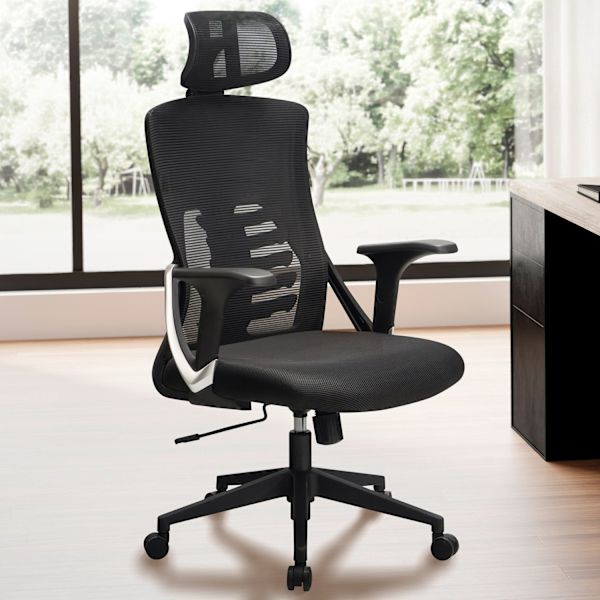 Rootz Modern Drejestol - Kontorstol - Ergonomisk stol - Meshbetræk - 113cm x 65cm x 65cm - Sort - Sølvdekorationer - Gyngemekanisme - Justerbar sædehø