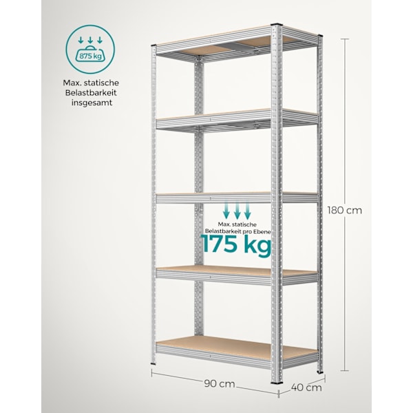Rootz Garage Opbevaringsstativ - Reolsystem - Organizer - Stålramme - Træhylder - Rustbestandig - Justerbar - Tipbeskyttelse - 180cm x 90cm x 40cm